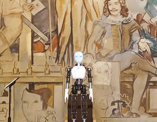 Le robot humanode Hacklabot accueil les invits au palais de Chaillot